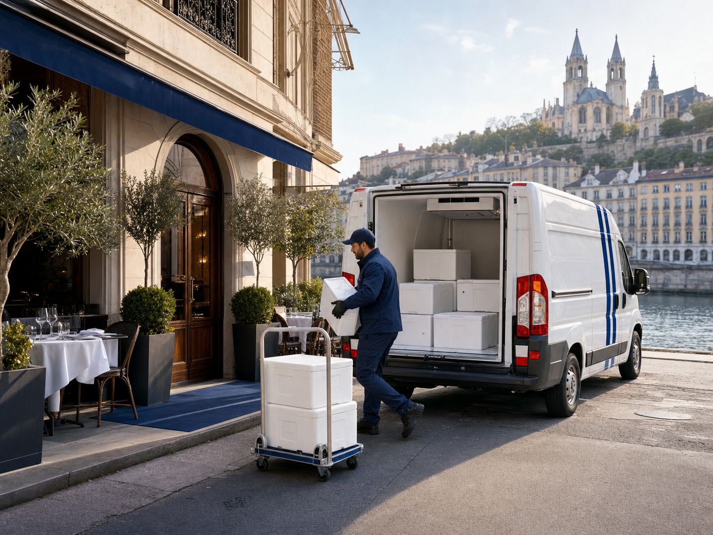 Livraison de glace premium devant un établissement lyonnais