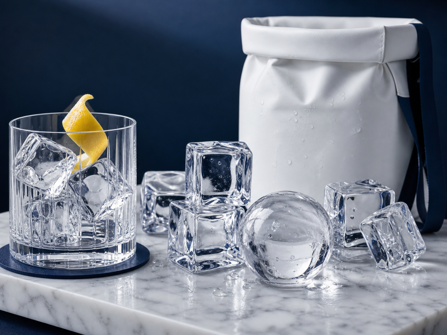 Glaçons transparents, sphère de glace et verre premium sur marbre